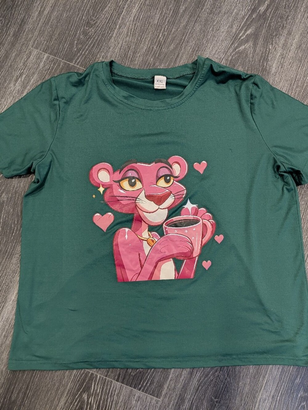Women's Green Short Sleeve Tee with Pink Panther Graphic